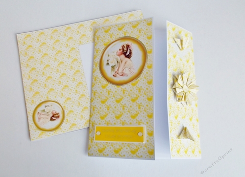 Vintage 5 x 7 yellow lady tea bag folding card with matching envelope.