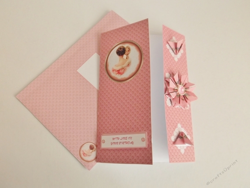 Vintage 5 x 7 deep pink lady tea bag folding card with matching envelope.