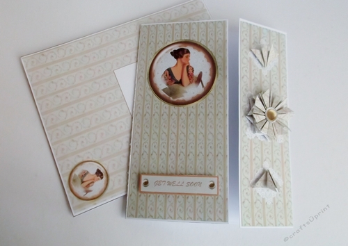 Vintage 5 x 7 brown and blue lady tea bag folding card with matching envelope.