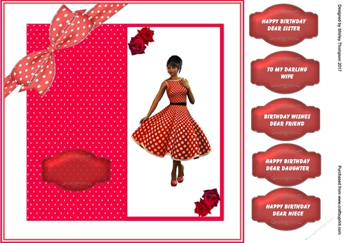 Young lady in polka dot dress 8 x 8 card front.