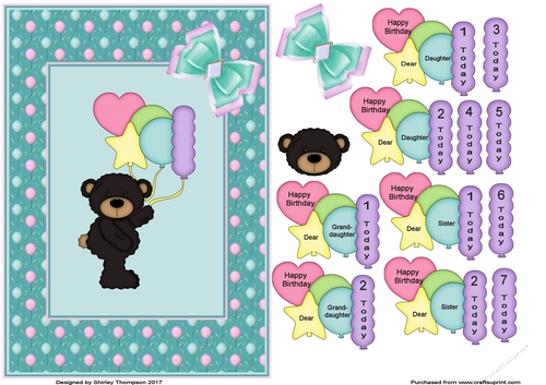 Teddy bear with balloons A5 birthday card.