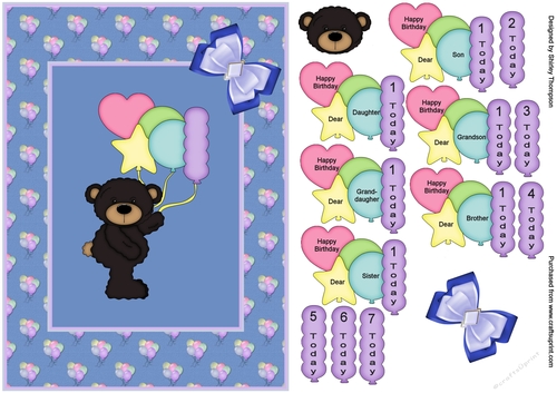 Teddy with balloons card front (blue)
