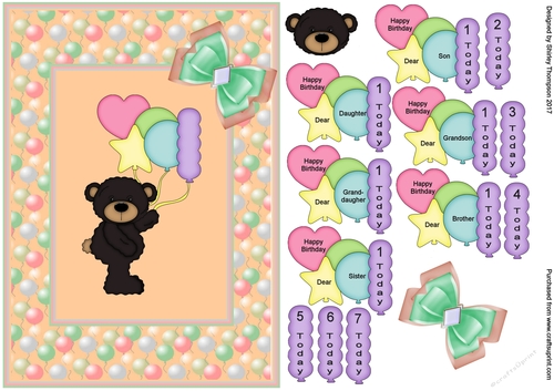 Teddy with balloons card front (Peach)