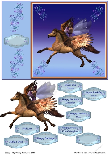 Fairy on winged horse A5 card front.