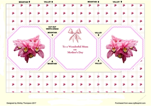 Octagonal tri-fold shutter card with pink orchids.