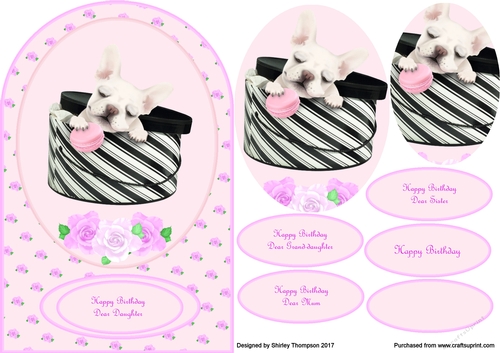 French bulldog round topped step by step card front.