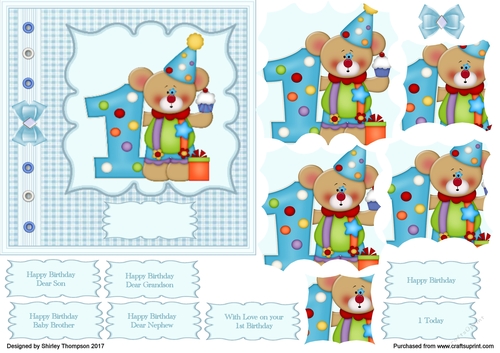 6 x 6 in Birthday bear card front (1 year old).