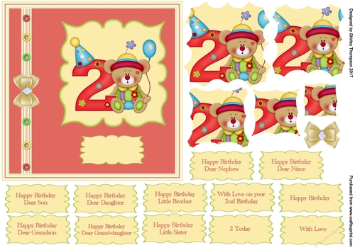6 x 6 in Birthday bear card front (2 year old).