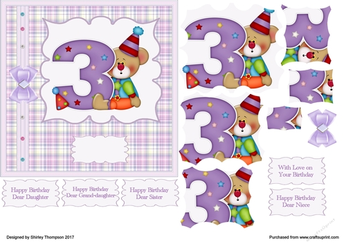 6 x 6 in Birthday bear card front (3 year old).