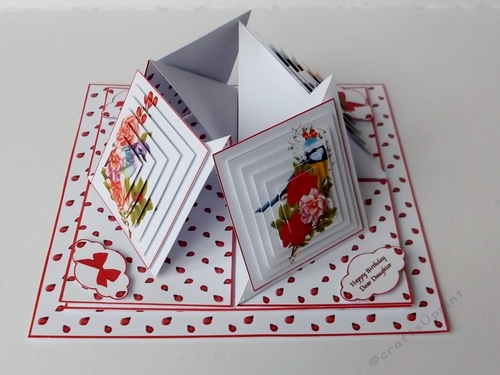 Beautiful birds quad easel card in red and white.