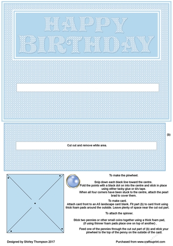 Blue and white pinwheel slider card front.
