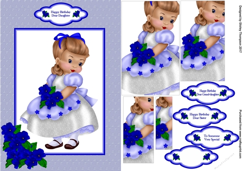 Little girl in blue dress A5 card front.