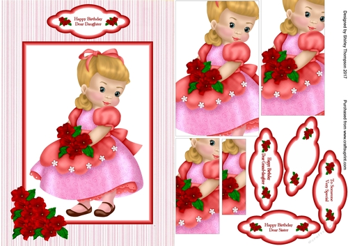 Little girl in pink dress A5 card front.
