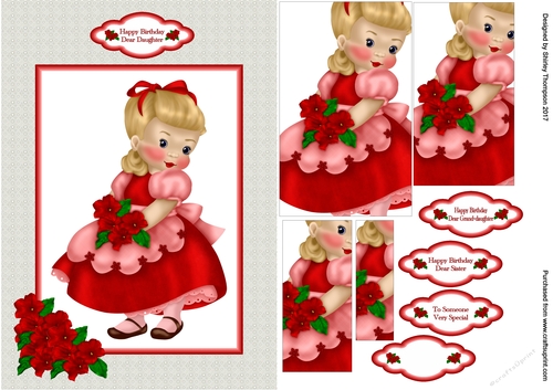 Little girl in red dress A5 card front.