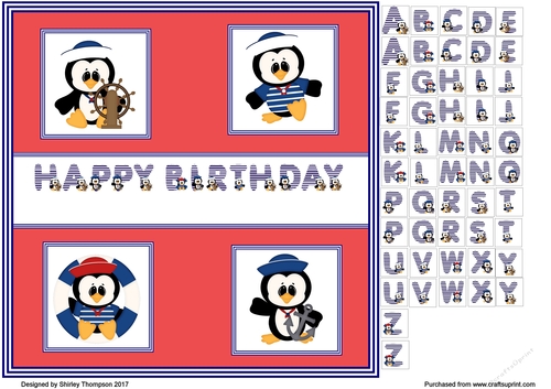 Anchors away 8 x 8 in penguin card front with alphabet to spell out recipients name.