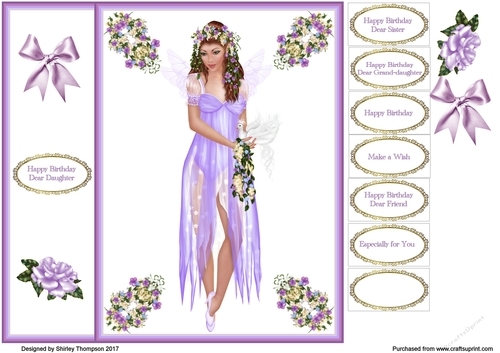 8 x 8 lilac garden fairy card front.