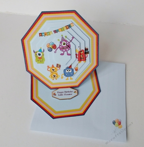 Little monster octagonal easel card with matching envelope.