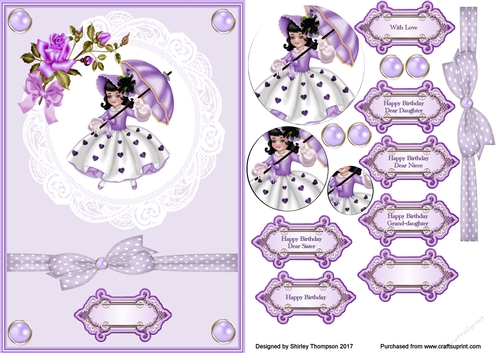 A5 parasol girl step by step card front.
