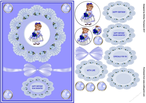 Little girl in blue A5 step by step card front.