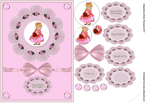 Little girl in pink A5 step by step card front.