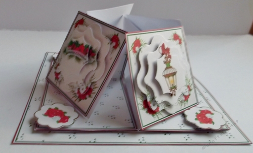 Merry Christmas quad easel card with fancy shaped pyramage.
