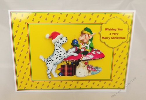 Cute dalmation and elf A5 card with decoupage (Yellow)