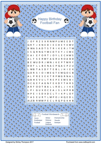 A4 Football wordsearch Birthday card front.