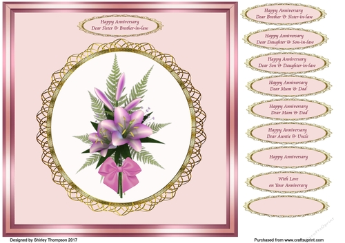 Pink lilies 8 x 8 anniversary card front.