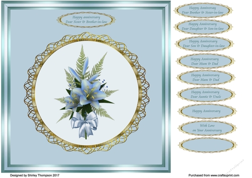 Blue lilies 8 x 8 anniversary card front.