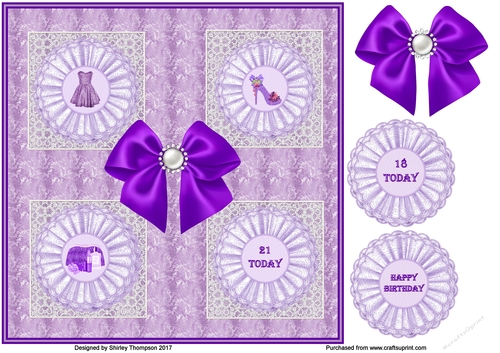 Ladies purple 8 x 8 in 21st or 18th birthday card front.