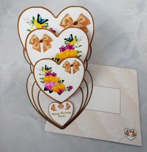 Brown, peach & gold floral heart shaped triple easel card with matching envelope.