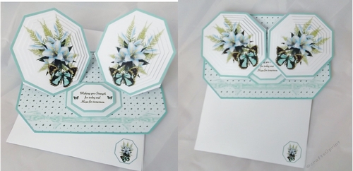 Blue floral octagonal double easel sympathy card with matching envelope.