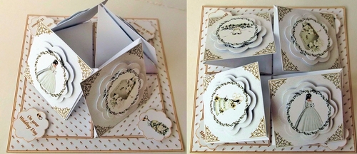 Sweet bride quad easel card in white and gold.