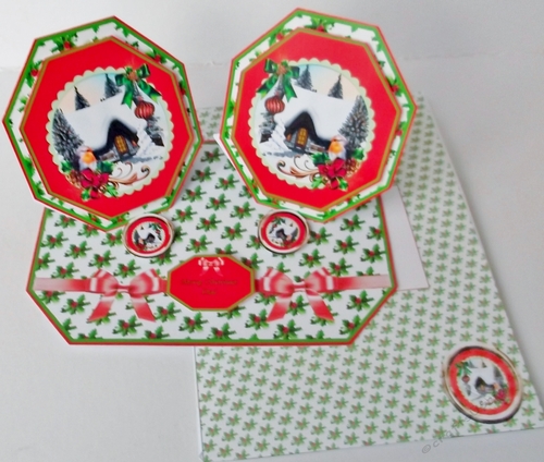 Holly & Christmas robin octagonal double easel card with matching envelope.