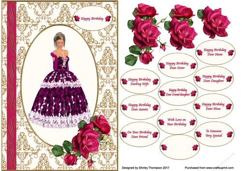 Elegant lady in gold framed A5 card front.