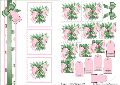 A5 Pink & green Christmas card front with gift tag.