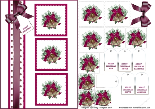 A5 Christmas bells step by step card front with gift tag.