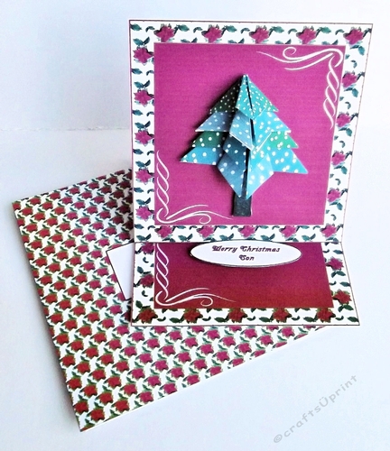 5.5 in square tea bag folded Christmas tree easel card with matching envelope.