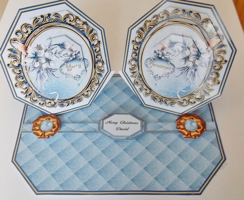 Blue octagonal double easel card & matching envelope.