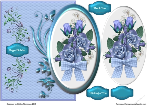 Large blue floral over the edge card front.