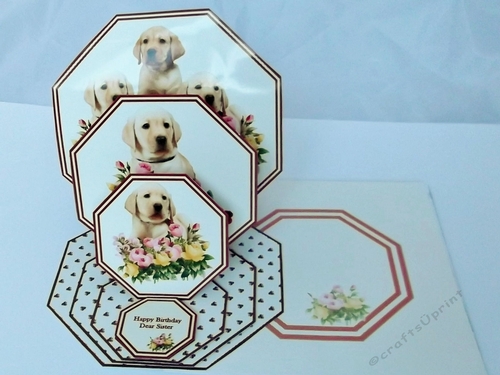 Puppies & flowers octagonal triple easel card and matching envelope.