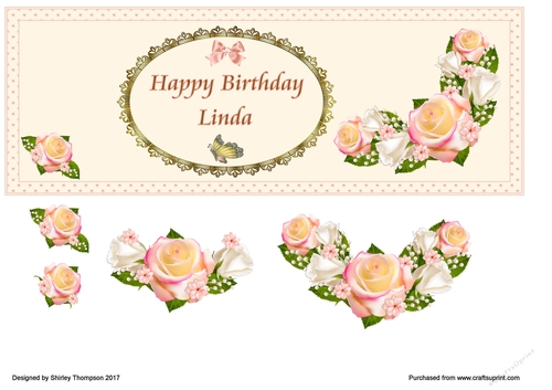 Floral vignette DL name card front with decoupage (Linda)