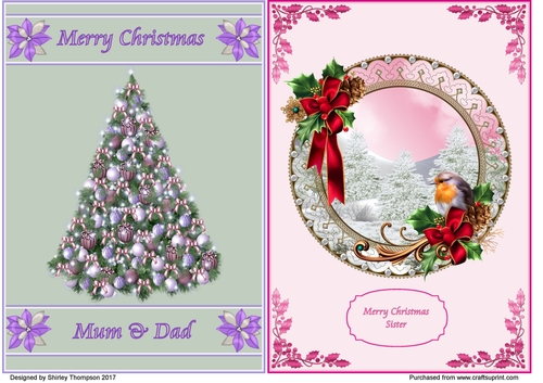 Two A5 pastel Christmas card fronts. 1 for Mum & Dad, 1 for Sister.