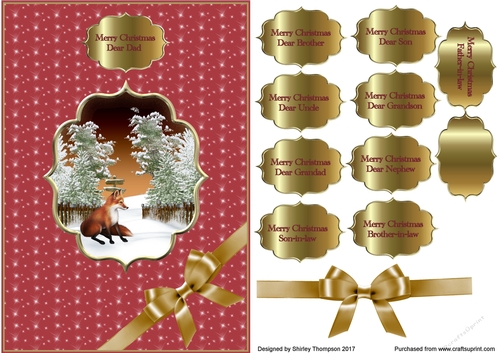 Red and gold A5 Christmas card front for male relatives.