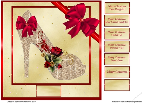 8 x 8 in red and gold glitter shoe card front.