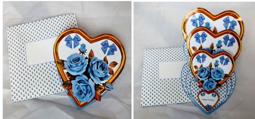 Gold triple heart easel card with blue roses and matching envelope.