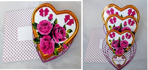 Gold triple heart easel card with deep pink roses and matching envelope.