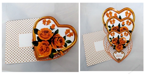 Gold triple heart easel card with gold roses and matching envelope.
