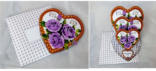 Gold triple heart easel card with purple roses and matching envelope.