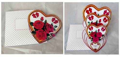 Gold triple heart easel card with red roses and matching envelope.